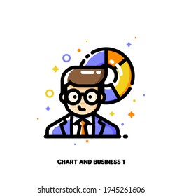 Icon of Business Man auf einem Hintergrund von Diagramm für Einkommen und Umsatzsteigerung Konzept. Flach gefüllter Rahmenstil. Pixel perfekt 64x64. Bearbeitbarer Hub