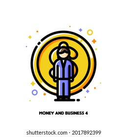 Icon of businessman on a background of money for budget planning and smart savings concept. Flat filled outline style. Pixel perfect 64x64. Editable stroke