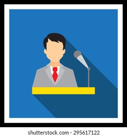 Icon of businessman at speaker's stand with microphone 