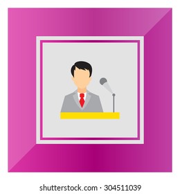 Icon of businessman at speaker's stand with microphone 
