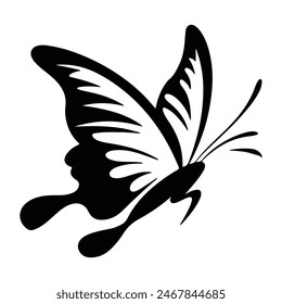 Icon of Butterfly black silhouette, butterfly side view design isolated white background