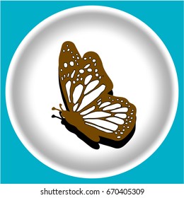 Icon  butterfly with shadow on white plate blue background. Ta too vector illustration.