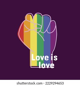 Icon, button, sticker with fist in lgbt colors and text Love is love on violet background