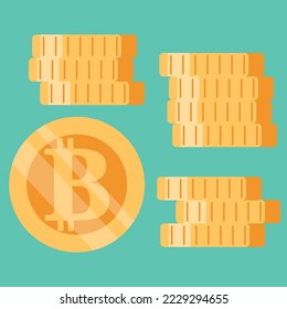 Icon, button, sticker with a stack of bitcoin coins and a separate bitcoin coin on a blue background