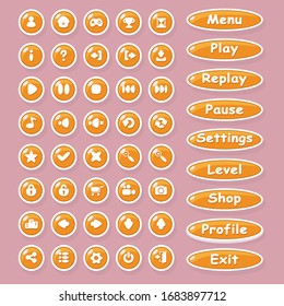 Botones de icono y botones de menú de ventana para el diseño de la interfaz de juegos y aplicaciones (configuración, juego, pausa, perfil, salida).