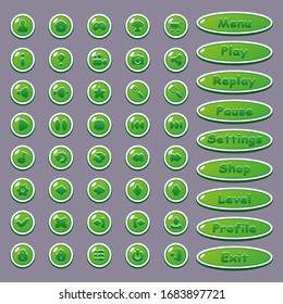 Botones de icono y botones de menú de ventana para el diseño de la interfaz de juegos y aplicaciones (configuración, juego, pausa, perfil, salida).