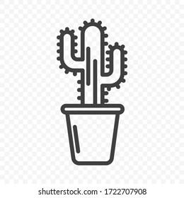 Icon of cactus in a pot. The shape of a roadside desert cactus with thorns. Minimalistic linear design. Isolated vector on a transparent PNG background.