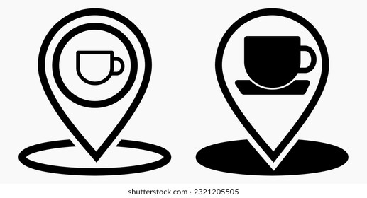 Café de iconos. GPS y taza. Apunte al mapa de recreación. Icono de restaurante. Icono del vector.