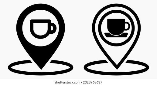 Icon cafe. GPS and cup. Point on the recreation map. Restaurant icon. Vector icon.