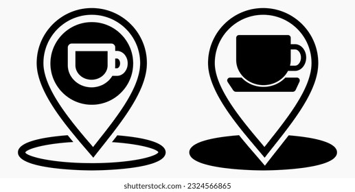 Icon cafe. GPS and cup. Point on the recreation map. Restaurant icon. Vector icon.