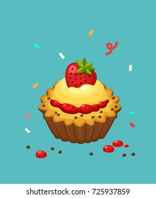 Icon of a cake basket with cream and strawberry. The cake is sprinkled with chocolate and jam.