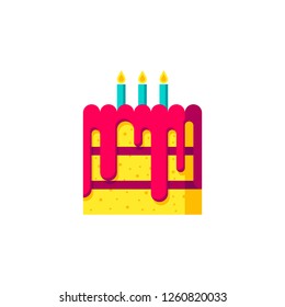 Icon of a cake decorated with candles, vector drawing of party and celebration pastry, isolated. Sweet sugary baked food illustration in yellow, red and green colors. Traditional celebratory dessert