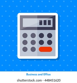 Icon of calculator on blue background in flat style. Sign, symbol, sticker for web design.