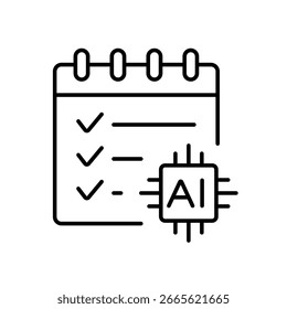 Ein Symbol eines Kalenders mit Auswahlfeldern und einem KI-Chip, der einen KI-gesteuerten, fokussierten Aufgabenkalender darstellt, der im Linienstil mit bearbeitbarem Strich erstellt wurde