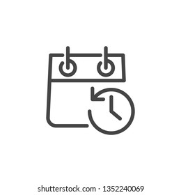 Icon of Calendar with Clock and Arrow in Opposite Direction. Schedule, Agenda, Organizer, Timepiece, Countdown, Timer, Reminder Time Management Batch. Vector Isolated for Web and App in Outline Design