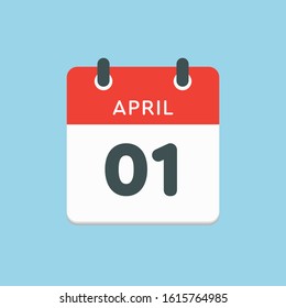 Icon calendar day - 1 April. Days f the year. Vector illustration flat style. Date day of month Sunday, Monday, Tuesday, Wednesday, Thursday, Friday, Saturday. Holidays in April