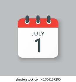 Icon calendar day - 1 July. Days f the year. Vector illustration flat style. Date day of month Sunday, Monday, Tuesday, Wednesday, Thursday, Friday, Saturday. Holidays in summer July.