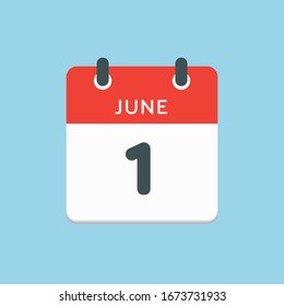 Icon calendar day - 1 June. Days f the year. Vector illustration flat style. Date day of month Sunday, Monday, Tuesday, Wednesday, Thursday, Friday, Saturday. Holidays in summer June.