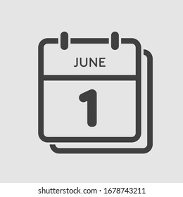 Icon calendar day - 1 June. Days f the year. Vector illustration flat style. Date day of month Sunday, Monday, Tuesday, Wednesday, Thursday, Friday, Saturday. Holidays in summer June.