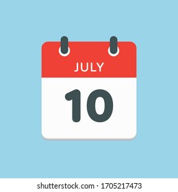 Icon calendar day - 10 July. Days f the year. Vector illustration flat style. Date day of month Sunday, Monday, Tuesday, Wednesday, Thursday, Friday, Saturday. Holidays in summer July.