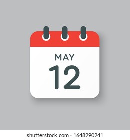 Icon calendar day - 12 May. Days f the year. Vector illustration flat style. Date day of month Sunday, Monday, Tuesday, Wednesday, Thursday, Friday, Saturday. Holidays in May