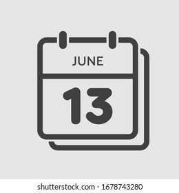 Icon calendar day - 13 June. Days f the year. Vector illustration flat style. Date day of month Sunday, Monday, Tuesday, Wednesday, Thursday, Friday, Saturday. Holidays in summer June.