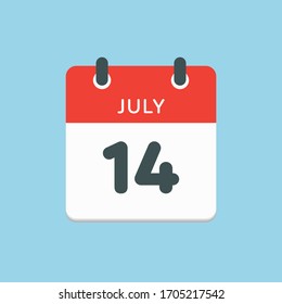 Icon calendar day - 14 July. Days f the year. Vector illustration flat style. Date day of month Sunday, Monday, Tuesday, Wednesday, Thursday, Friday, Saturday. Holidays in summer July.