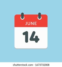 Icon calendar day - 14 June. Days f the year. Vector illustration flat style. Date day of month Sunday, Monday, Tuesday, Wednesday, Thursday, Friday, Saturday. Holidays in summer June.