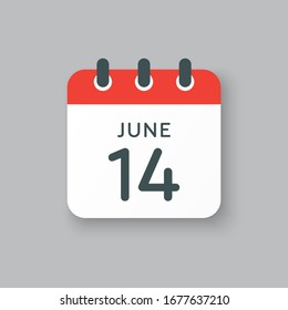 Icon calendar day - 14 June. Days f the year. Vector illustration flat style. Date day of month Sunday, Monday, Tuesday, Wednesday, Thursday, Friday, Saturday. Holidays in summer June.