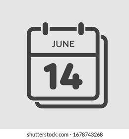 Día calendario de iconos - 14 de junio. Días del año. Estilo plano de ilustración vectorial. Fecha día del mes Domingo, Lunes, Martes, Miércoles, Jueves, Viernes, Sábado. Vacaciones en el verano de junio.