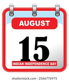 Icon calendar day - 15 August. 15 august Indian independence day text card. 15th days of the month, vector illustration. Calendar vector icon. Calendar template.