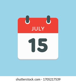 Icon calendar day - 15 July. Days f the year. Vector illustration flat style. Date day of month Sunday, Monday, Tuesday, Wednesday, Thursday, Friday, Saturday. Holidays in summer July.