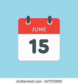 Icon calendar day - 15 June. Days f the year. Vector illustration flat style. Date day of month Sunday, Monday, Tuesday, Wednesday, Thursday, Friday, Saturday. Holidays in summer June.