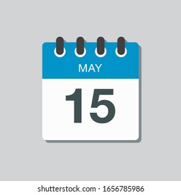 Icon calendar day - 15 May. Days f the year. Vector illustration flat style. Date day of month Sunday, Monday, Tuesday, Wednesday, Thursday, Friday, Saturday. Holidays in May