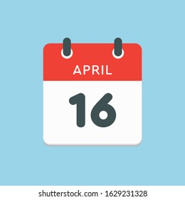 Icon calendar day - 16 April. Days f the year. Vector illustration flat style. Date day of month Sunday, Monday, Tuesday, Wednesday, Thursday, Friday, Saturday. Holidays in April