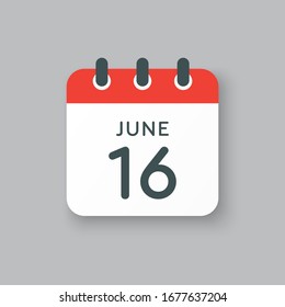 Icon calendar day - 16 June. Days f the year. Vector illustration flat style. Date day of month Sunday, Monday, Tuesday, Wednesday, Thursday, Friday, Saturday. Holidays in summer June.