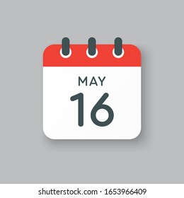 Icon calendar day - 16 May. Days f the year. Vector illustration flat style. Date day of month Sunday, Monday, Tuesday, Wednesday, Thursday, Friday, Saturday. Holidays in May