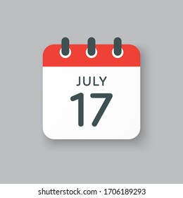 Icon calendar day - 17 July. Days f the year. Vector illustration flat style. Date day of month Sunday, Monday, Tuesday, Wednesday, Thursday, Friday, Saturday. Holidays in summer July.