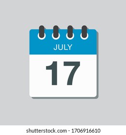 Icon calendar day - 17 July. Days f the year. Vector illustration flat style. Date day of month Sunday, Monday, Tuesday, Wednesday, Thursday, Friday, Saturday. Holidays in summer July.