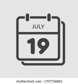 Icon calendar day - 19 July. Days f the year. Vector illustration flat style. Date day of month Sunday, Monday, Tuesday, Wednesday, Thursday, Friday, Saturday. Holidays in summer July.