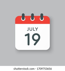 Icon calendar day - 19 July. Days f the year. Vector illustration flat style. Date day of month Sunday, Monday, Tuesday, Wednesday, Thursday, Friday, Saturday. Holidays in summer July.