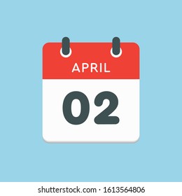 Icon calendar day - 2 April. Days f the year. Vector illustration flat style. Date day of month Sunday, Monday, Tuesday, Wednesday, Thursday, Friday, Saturday. Holidays in April