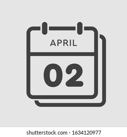 Icon calendar day - 2 April. Days f the year. Vector illustration flat style. Date day of month Sunday, Monday, Tuesday, Wednesday, Thursday, Friday, Saturday. Holidays in April