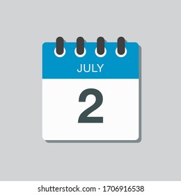 Icon calendar day - 2 July. Days f the year. Vector illustration flat style. Date day of month Sunday, Monday, Tuesday, Wednesday, Thursday, Friday, Saturday. Holidays in summer July.