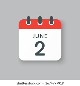 Icon calendar day - 2 June. Days f the year. Vector illustration flat style. Date day of month Sunday, Monday, Tuesday, Wednesday, Thursday, Friday, Saturday. Holidays in summer June.