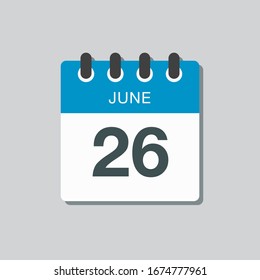 Icon calendar day - 2 June. Days f the year. Vector illustration flat style. Date day of month Sunday, Monday, Tuesday, Wednesday, Thursday, Friday, Saturday. Holidays in summer June.