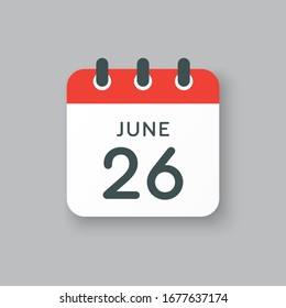 Icon calendar day - 2 June. Days f the year. Vector illustration flat style. Date day of month Sunday, Monday, Tuesday, Wednesday, Thursday, Friday, Saturday. Holidays in summer June.