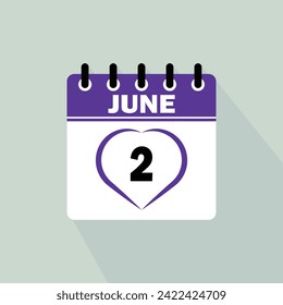 Icon calendar day - 2 June. 2nd days of the month, vector illustration.