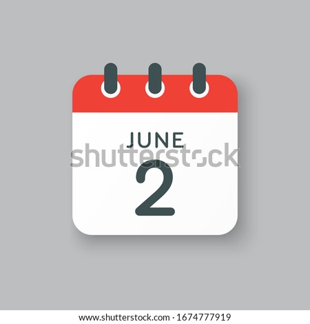 Icon calendar day - 2 June. Days f the year. Vector illustration flat style. Date day of month Sunday, Monday, Tuesday, Wednesday, Thursday, Friday, Saturday. Holidays in summer June.