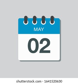 Icon calendar day - 2 May. Days f the year. Vector illustration flat style. Date day of month Sunday, Monday, Tuesday, Wednesday, Thursday, Friday, Saturday. Holidays in May